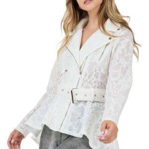 Women's Plus White Lace High Low Belted Zip Up Jacket S, M, L